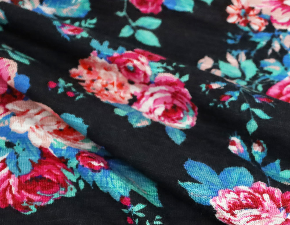 Designer Floral Black Rayon Slub Jersey Knit