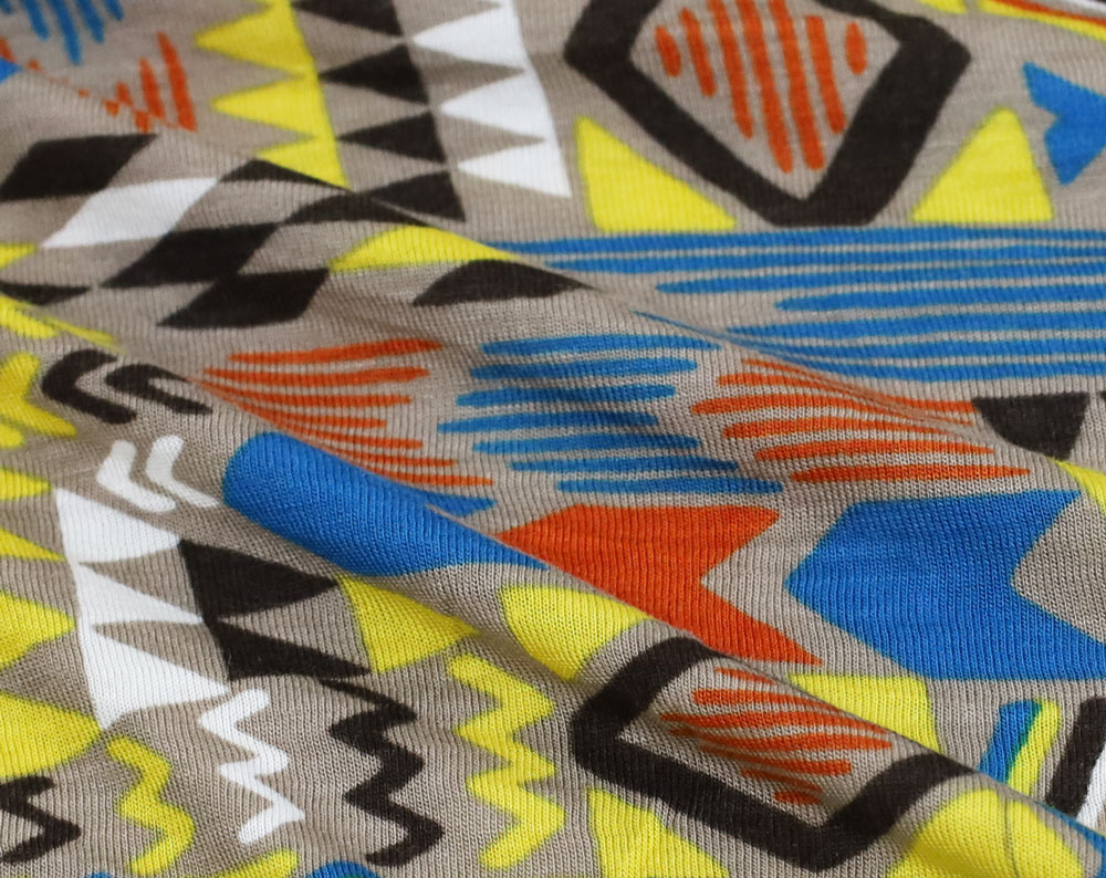 Designer Tan and Orange Geometric Rayon Jersey Knit