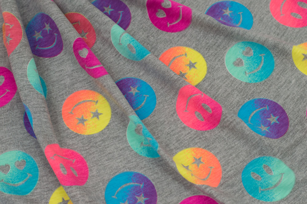 Printed T-Shirt Knit Happy Face Heather Gray/Pink/Blue