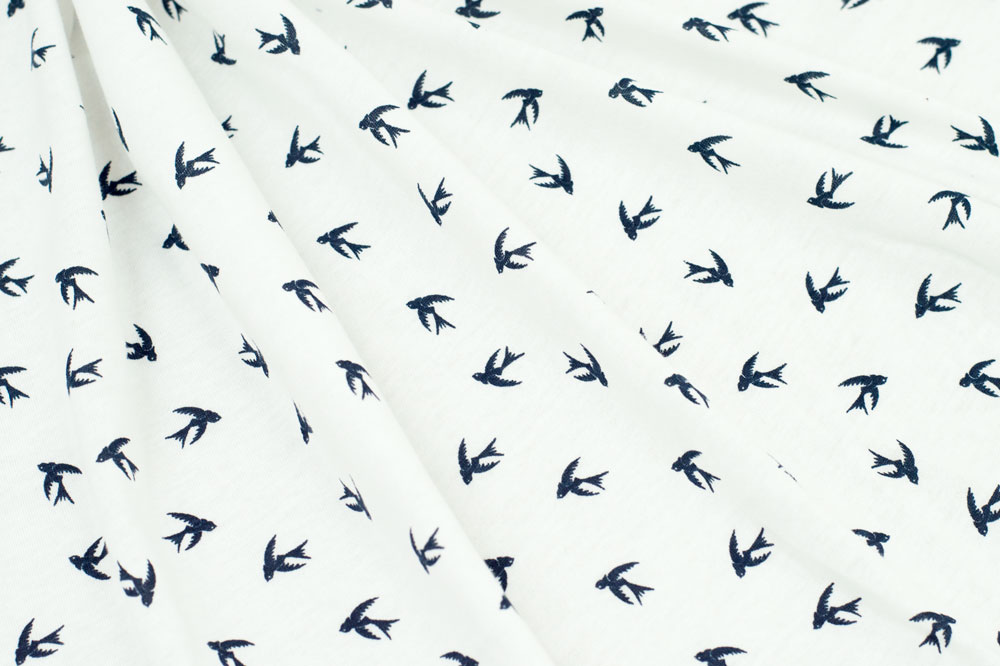 Printed T-Shirt Knit Birds White/Navy