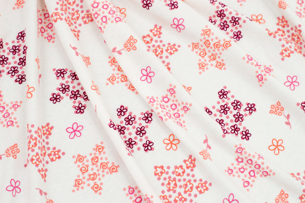 Cotton Rib Spandex Stars and Flowers White/Coral/Pink