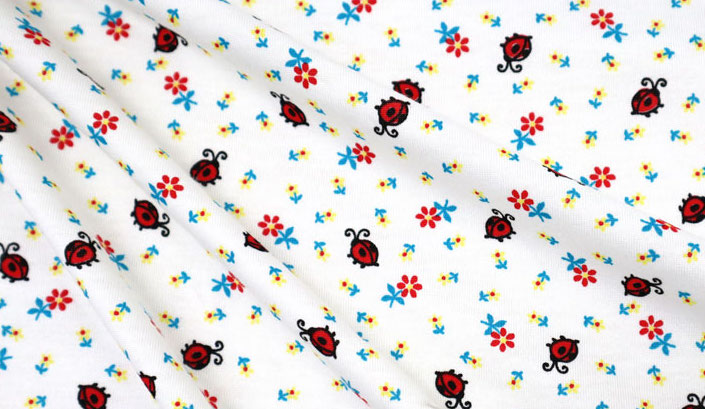 Soft Modal Cotton Jersey T-Knit White with Red Ladybugs