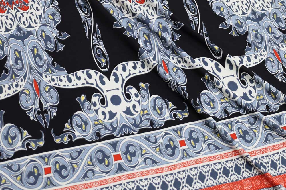 Designer Silk Jersey Knit Bohemian Paisley 37” Panel Print Black/Silver