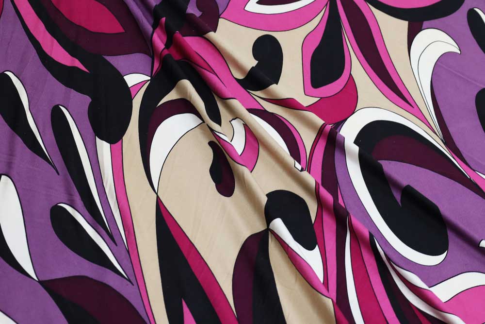 Designer Silk Jersey Knit Retro Swirls Purple/Pink