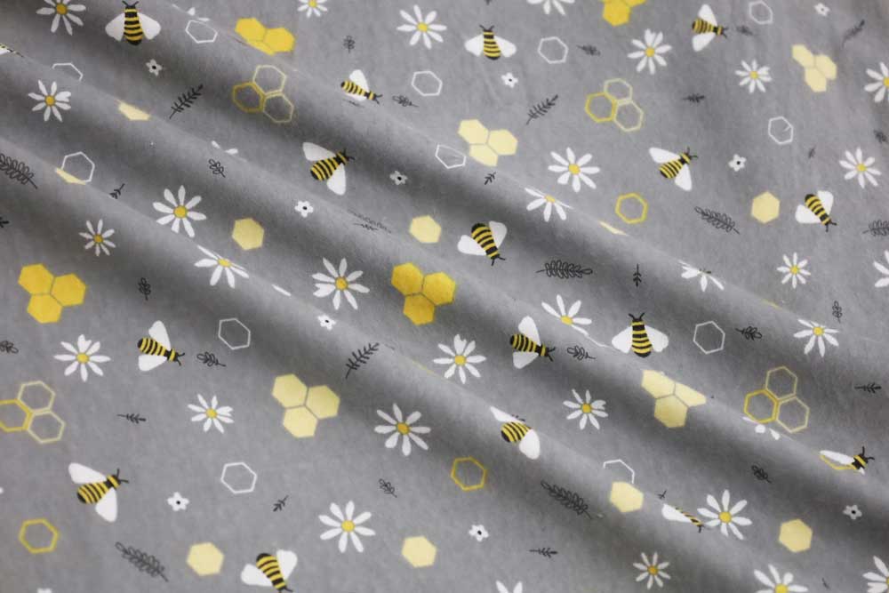 Cotton Flannel Print Spring Flowers & Bees Grey/White
