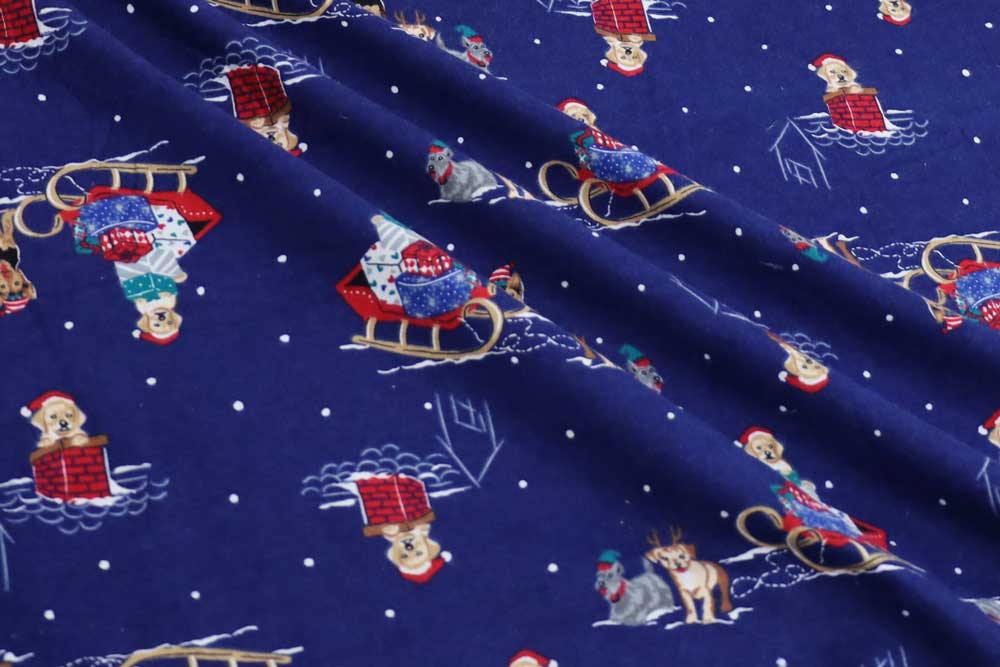 Cotton Flannel Print Christmas Dog Fun Navy/Red