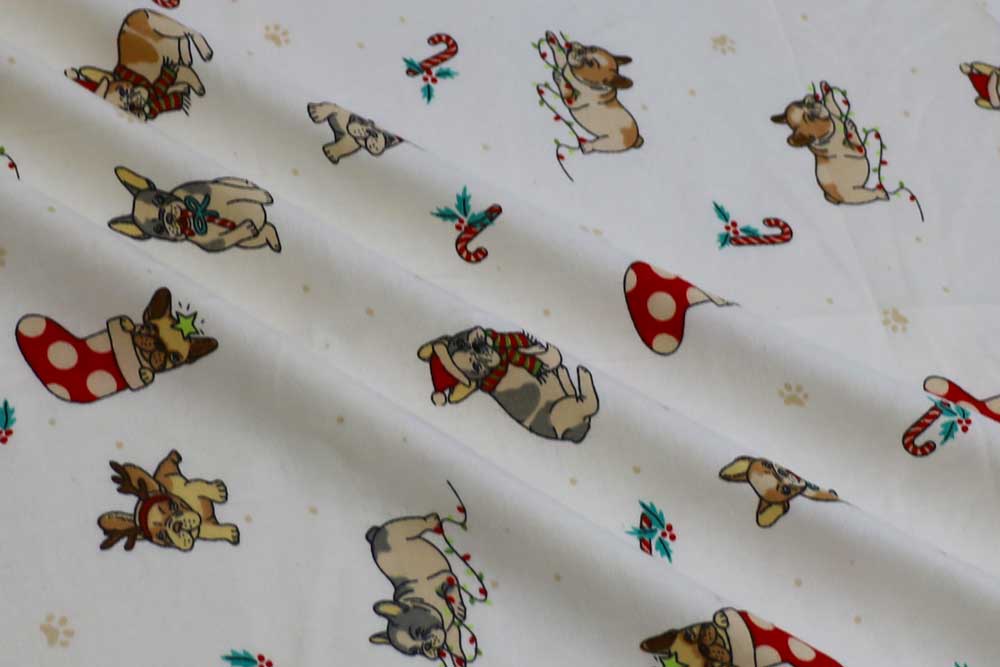 Cotton Flannel Print Christmas Pug Ivory/Red