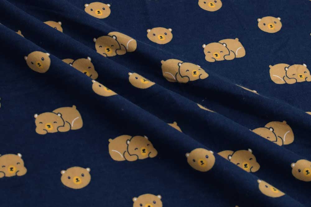Cotton Flannel Print Teddy Bears Navy/Brown