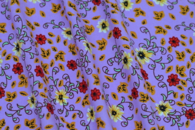 lilac rayon challis with red and yellow flowers