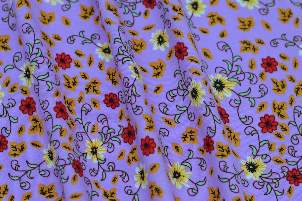 Rayon Challis Lilac with Yellow and Red Flowers