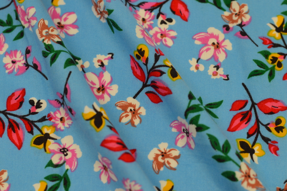 Rayon Challis Floral Light Blue/Pink/Red