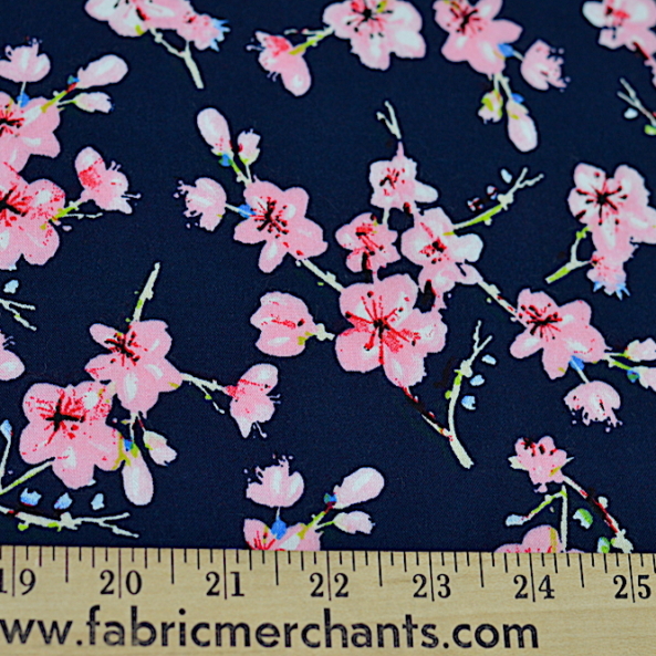 rayon challis cherry blossom print on navy background