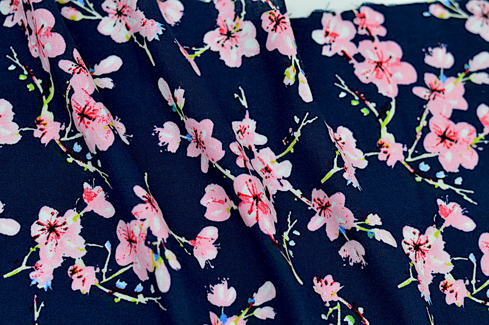 Rayon Challis Cherry Blossom Navy/Pink