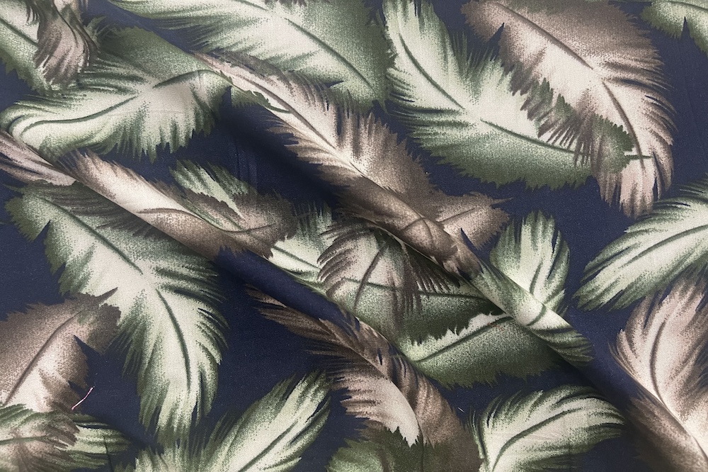 Rayon Challis Navy with Green and Brown Leaves