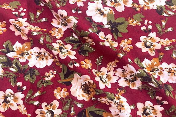 rayon challis red with tan floral