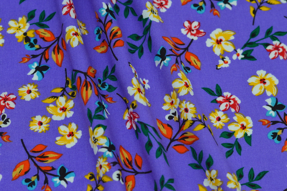 Rayon Challis Bold Purple Wildflower Print
