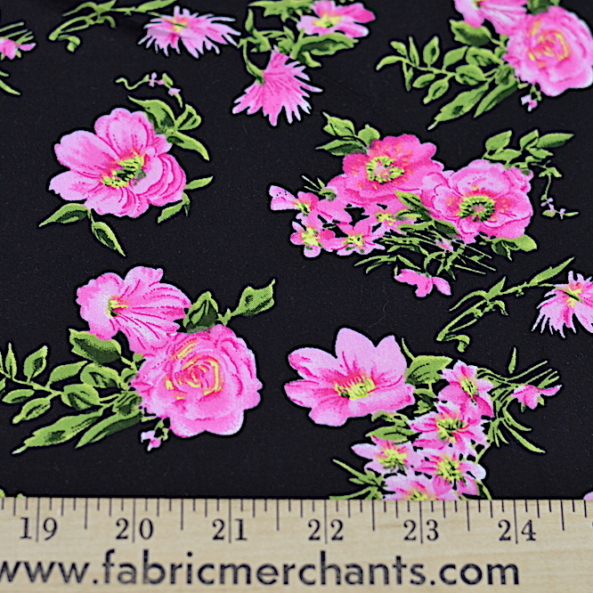 rayon challis with pink flowers on a black background