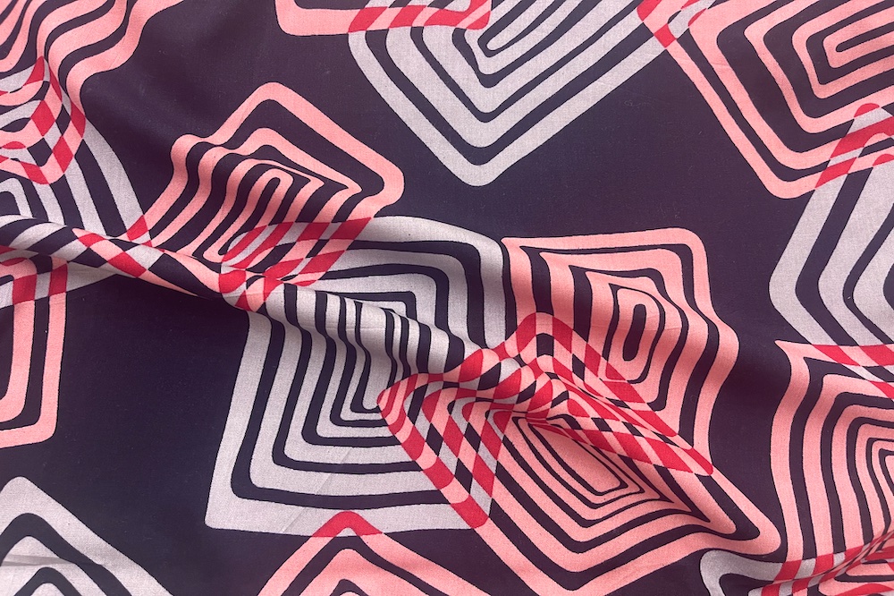 Rayon Challis Abstract Pink and Red Lines on Navy