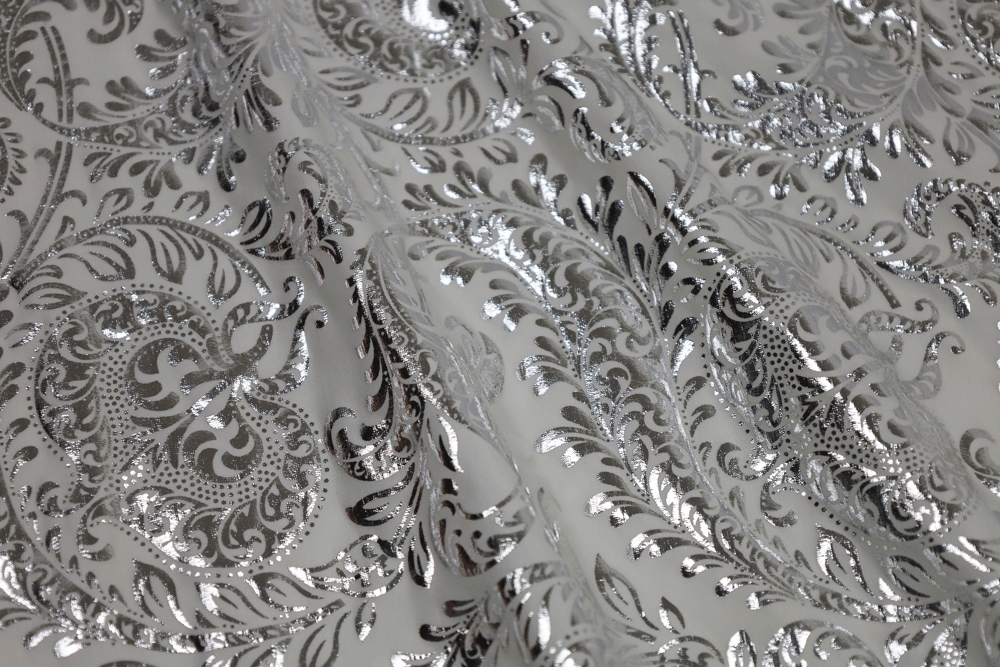 Designer Polyester Spandex Foil Print Paisley Silver