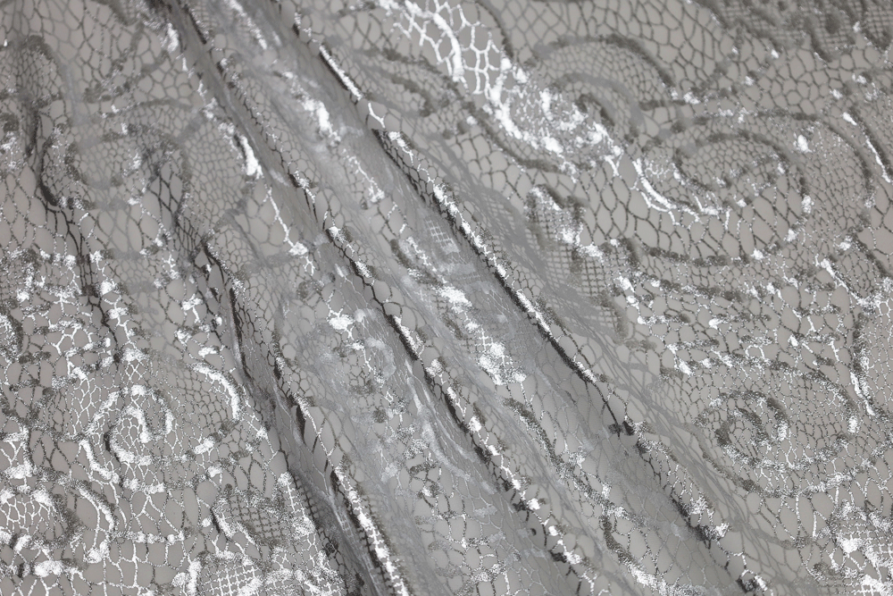 Designer Polyester Spandex Foil Print Floral Silver/Ivory