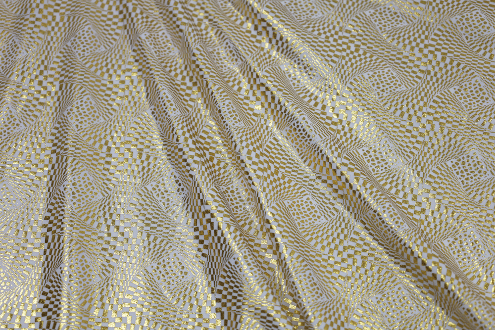 Designer Polyester Spandex Foil Print Gold/Ivory Knit