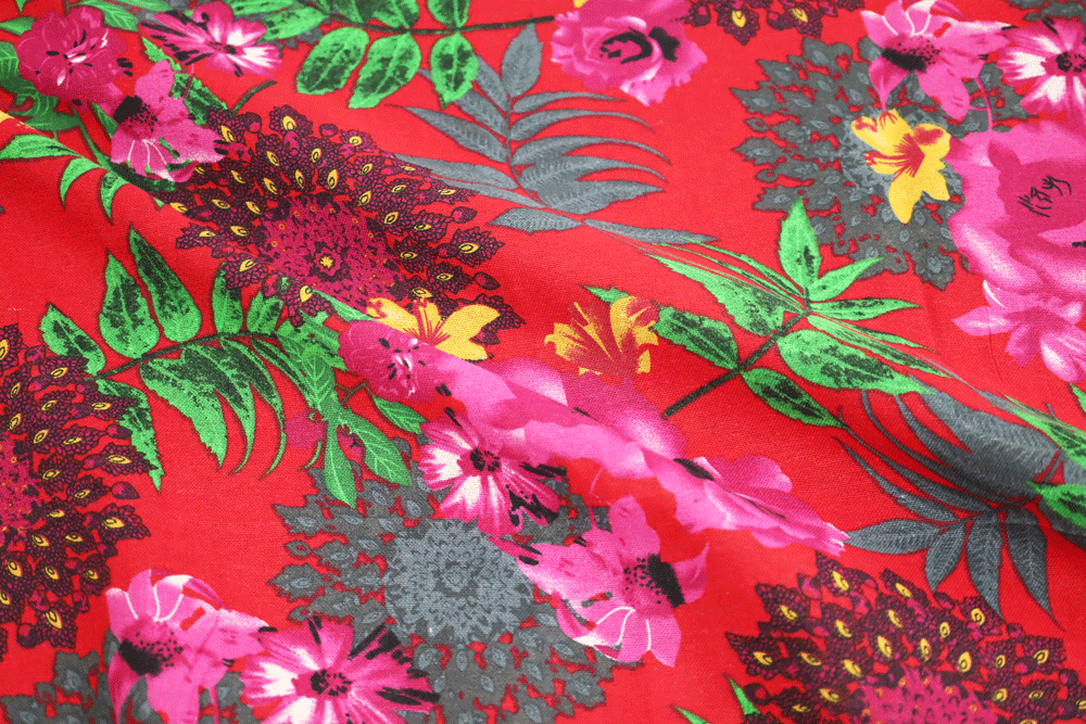 Cotton Linen Dark Red Multi-Floral Woven