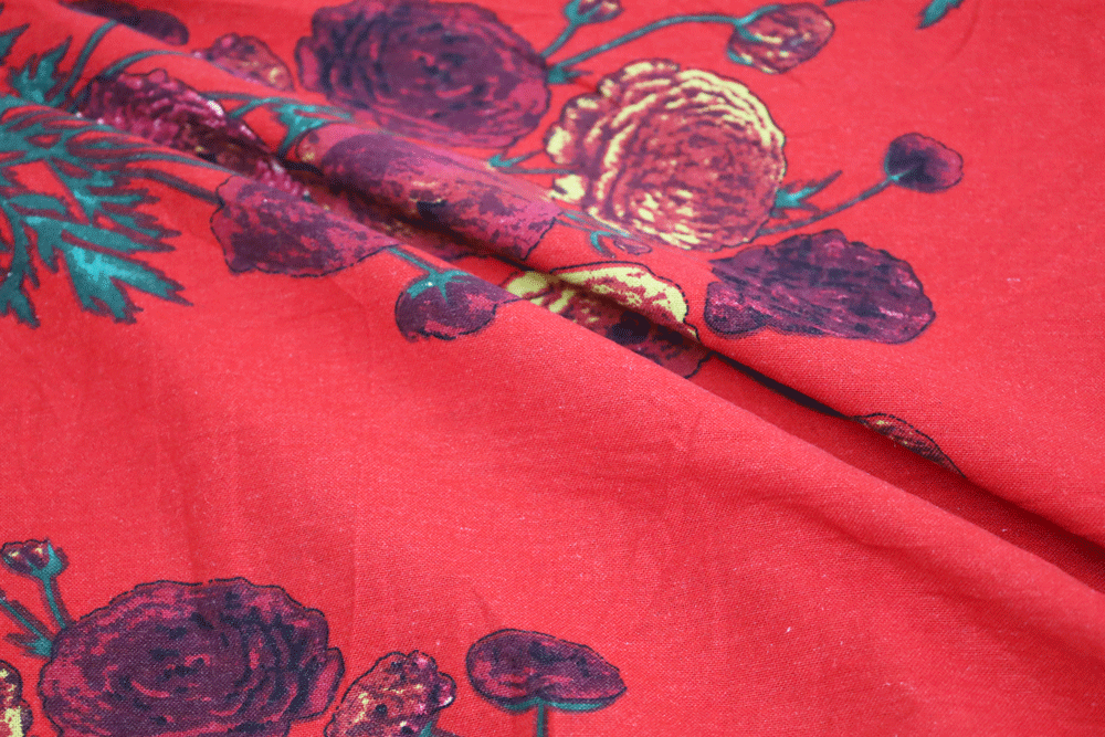 Cotton Linen Red Floral Woven