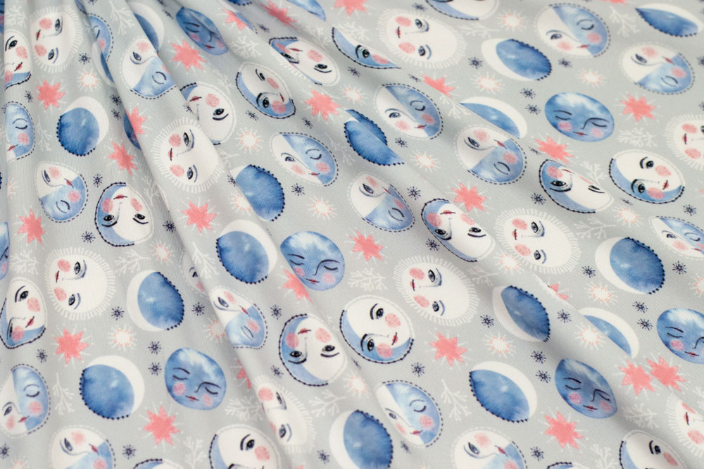 Marketa Stengl by Fabric Merchants Double Brushed Poly Jersey Knit Moon Phases and Faces Blue