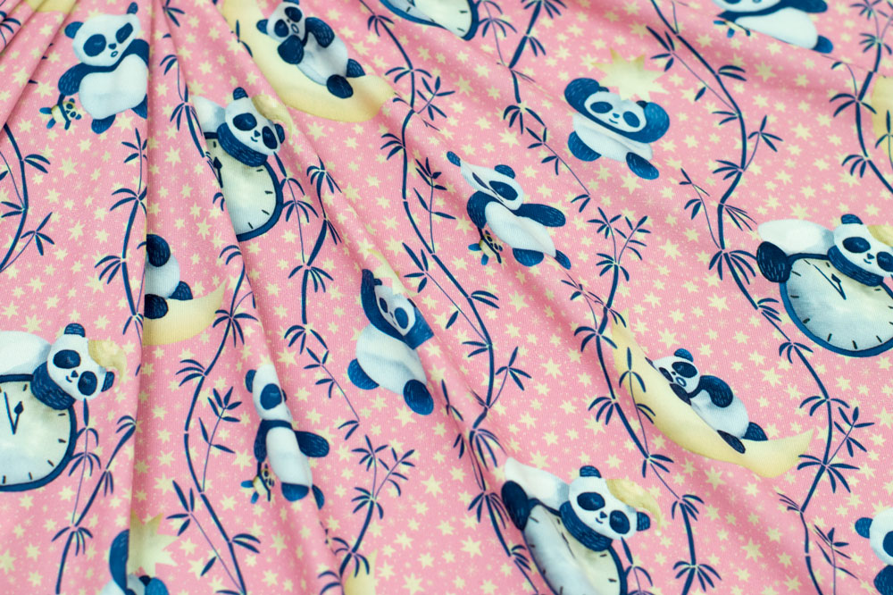 Marketa Stengl by Fabric Merchants Double Brushed Poly Jersey Knit Pandas on Cresent Moon Pink/Yellow
