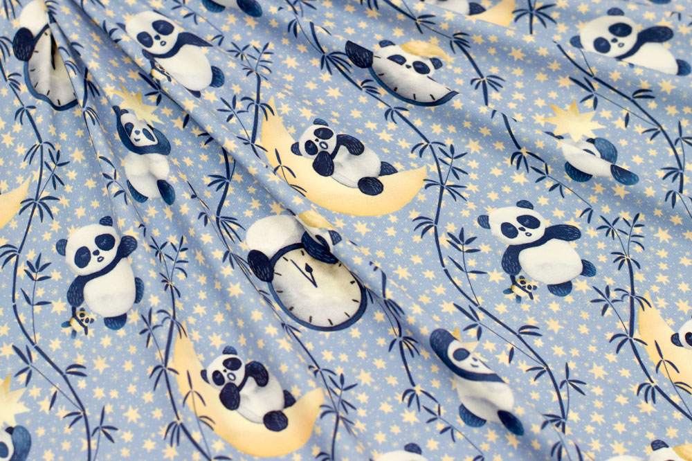 Marketa Stengl by Fabric Merchants Double Brushed Poly Jersey Knit Pandas on Cresent Moon Blue/Yellow