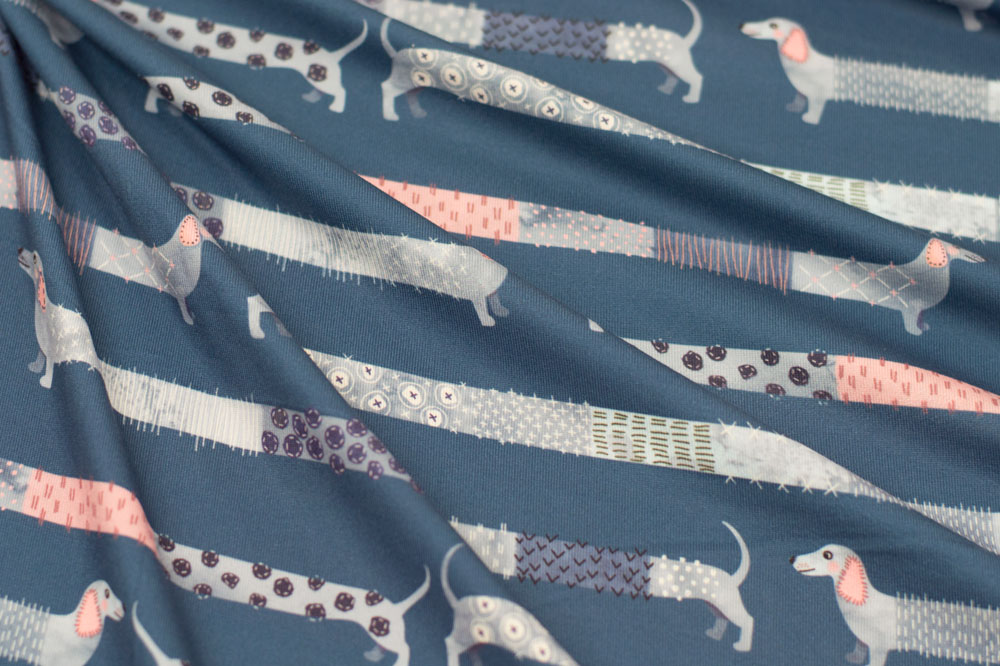 Marketa Stengl by Fabric Merchants Double Brushed Poly Jersey Knit Sashiko Style Dachshund Navy/Pink
