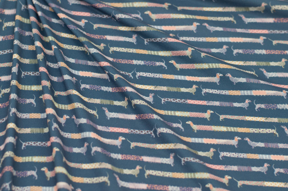 Marketa Stengl by Fabric Merchants Double Brushed Poly Jersey Knit Sashiko Style Dachshund Colorful Navy/Pink