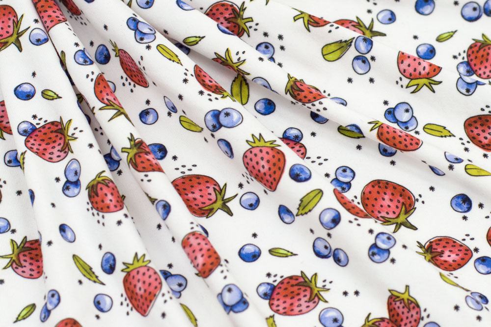 Marketa Stengl by Fabric Merchants Double Brushed Poly Jersey Knit Summer Strawberries with Blueberries and Mint White/Red