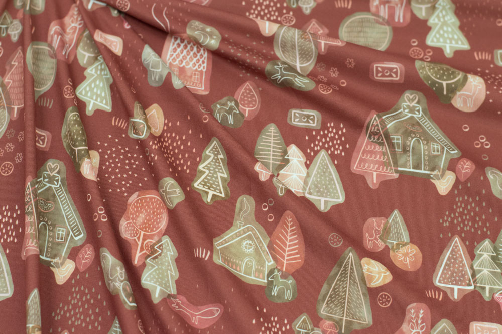 Marketa Stengl by Fabric Merchants Double Brushed Poly Jersey Knit Hansel and Gretel Holiday Print Red