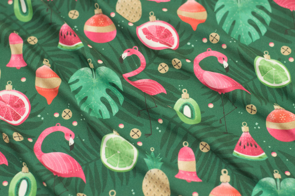 Marketa Stengl by Fabric Merchants Double Brushed Poly Jersey Knit Tropical Ornaments Green/Pink