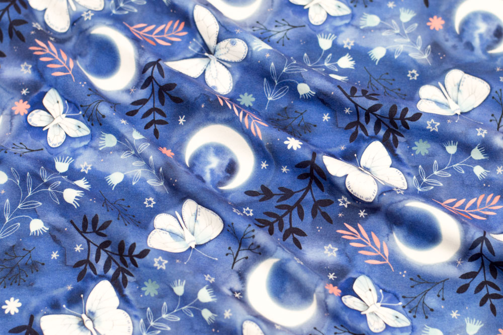 Marketa Stengl by Fabric Merchants Double Brushed Poly Jersey Knit Butterflies & Moon Blue/White