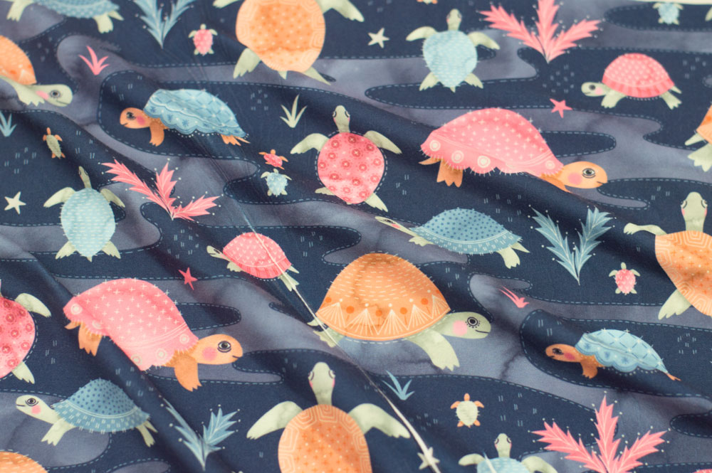 Marketa Stengl by Fabric Merchants Double Brushed Poly Jersey Knit Sea Turtles Navy/Pink