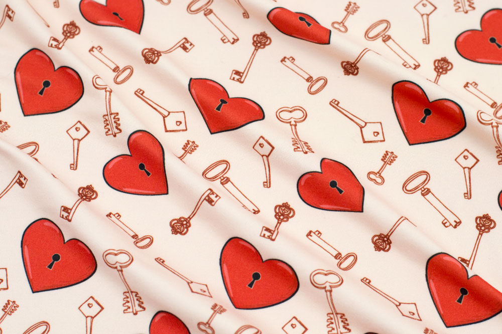 “Playful Prints by Fabric Merchants” Double Brushed Keys to the Heart Beige/Red