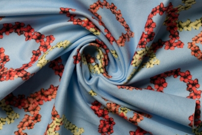 Fabric Merchants Double Brushed Poly Stretch Jersey Knit Floral Hearts Light Blue/Red