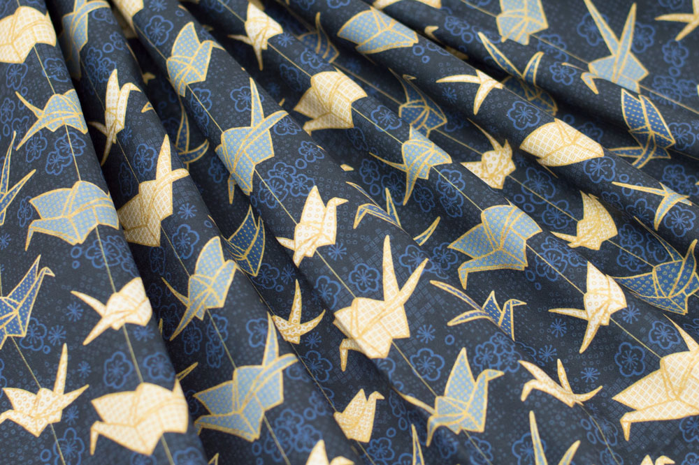 Marketa Stengl by Fabric Merchants Digital Japanese Origami Paper Crane and Cherry Blossom Blue/Gold