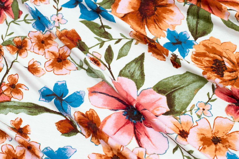 Rayon Jersey Floral White/Rust/Blue