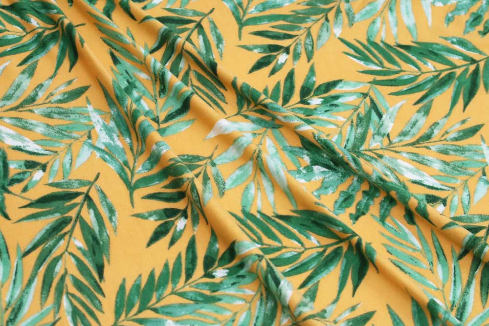 Double Brushed Tropical Leaves Mustard/Green