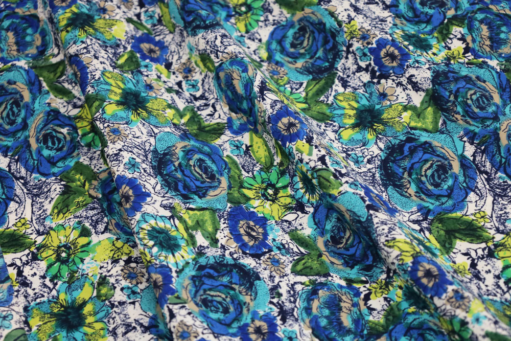 Polyester Floral Sketch Ivory/Blue Woven