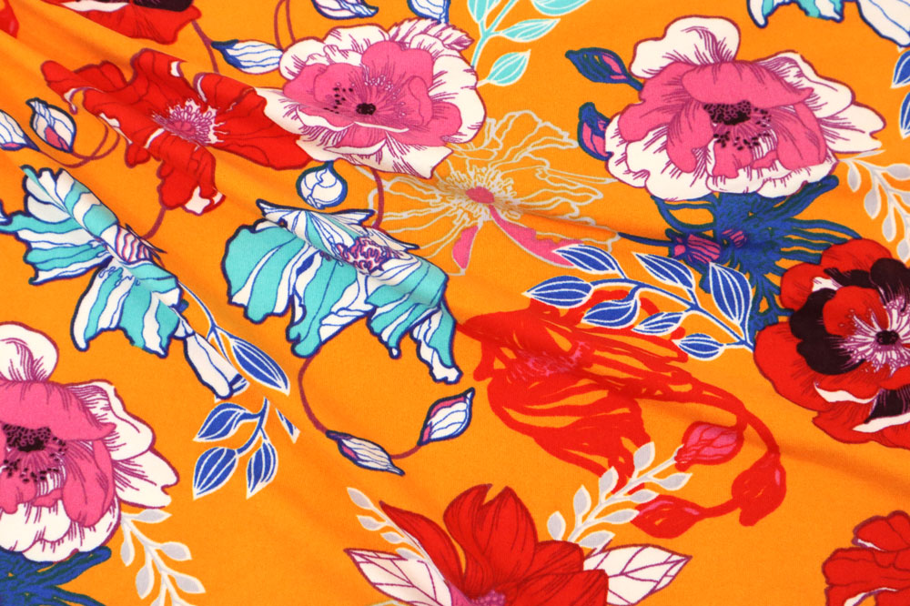 Double Brushed Orange/Red/Turquoise Illustrated Floral