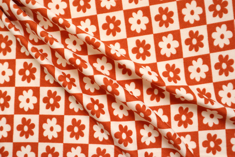 Double Brushed Checkered Daisy Print Rust/Sand